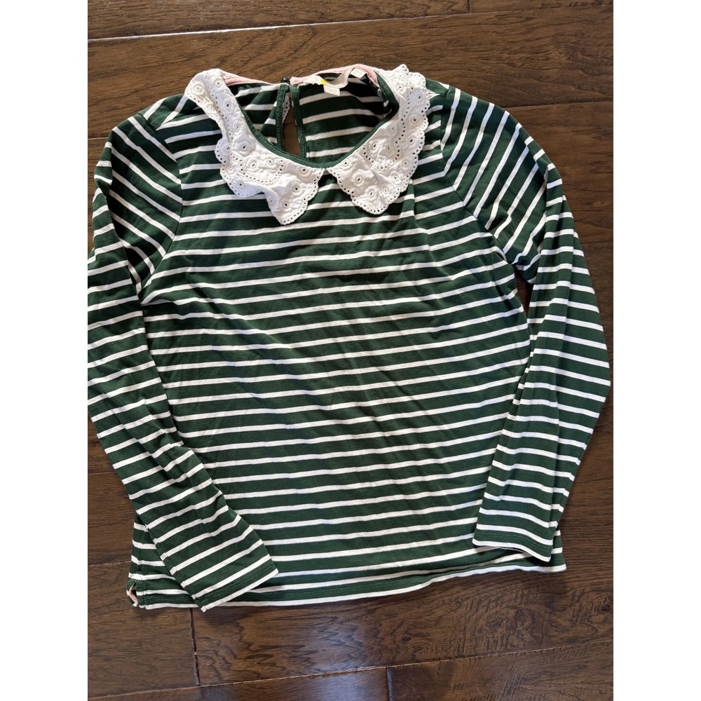 Boden Green Striped Long Sleeve Top with Eyelet Collar for Girls Size 8 Preppy
